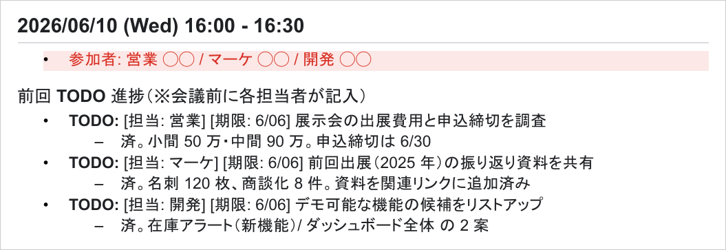 前回 TODO 進捗を各担当者が会議前に記入した例